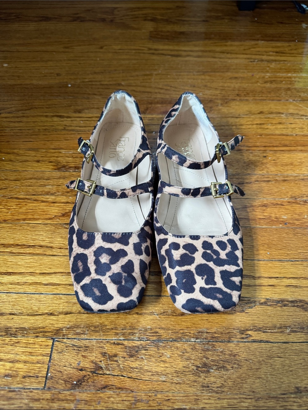 Franco Sarto Leopard Print Mary Jane Flats in Tan and Black